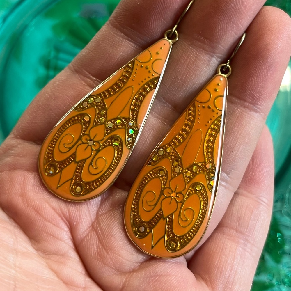 Vintage Art Deco Style Orange Enamel Gold Tone Metal Costume Jewelry Earrings